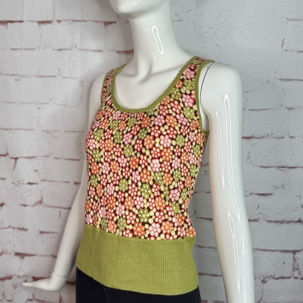 SIGRID OLSEN XS Silk Knit Moss Green Orange Pink Floral Sleeveless Sweater Vest - Picture 8 of 13